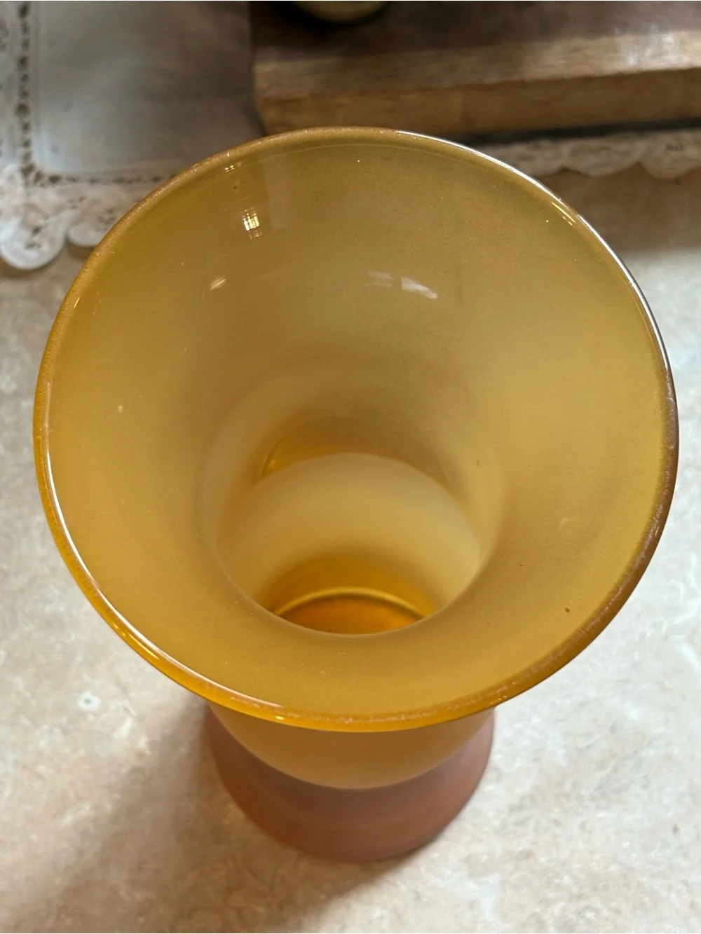 Vintage Blenko 12” Amber Frosted Satin Art Glass Vase Hand Blown MCM Label USA